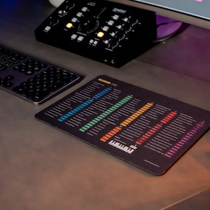 May include: A black keyboard with colourful keys and a black mouse mat with a rainbow-coloured graphic of a musical equaliser.