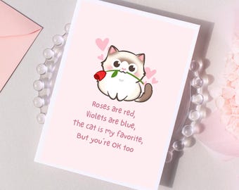 Tarjeta de San Valentín con un gato divertido, tarjeta de aniversario / Las rosas son rojas / Tarjeta para él, ella, novia, novio, esposa, esposo, amante de los gatos