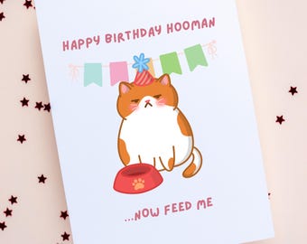 Roligt katthälsningskort Grattis på födelsedagen-kort | Grattis på födelsedagen Human Hooman | Orange kalikå | Födelsedagspresent till kattälskare