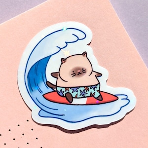 Sticker chat mignon | autocollant drôle de chat | autocollant découpé | Vagues de surf | Brillant holographique | cadeau pour amoureux des chats, enfants, enfants