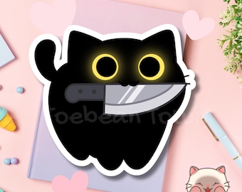 Knife Cat Sticker | Black Void | Danger Cat Meme | Funny Cute Silly Derpy | Stationery Planner Waterbottle