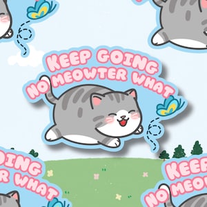 heureux chat tigré gris autocollant | Positif motivant | Autocollants mats holographiques en vinyle pour bouteille d'eau pour ordinateur portable | Cadeau pour amoureux des chats
