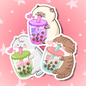 Autocollant drôle mignon de chat | Sticker Boba de thé aux bulles | Gris tigré | Autocollant holographique en vinyle brillant | Gourde pour ordinateur portable | Cadeau pour amoureux des chats