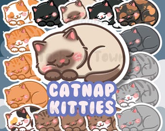 Cute Cat Nap Cat Loaf Sticker | Grey/Gray Orange/Ginger Brown Tabby Stripes, Black White/Tuxedo, Black/Void, Siamese, Tortie, Calico