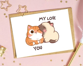 Tarjeta de San Valentín o aniversario con un lindo gatito / Tarjeta romántica de amor / Tarjeta "Te amo" para novia, novio, esposa, esposo o amante de los gatos