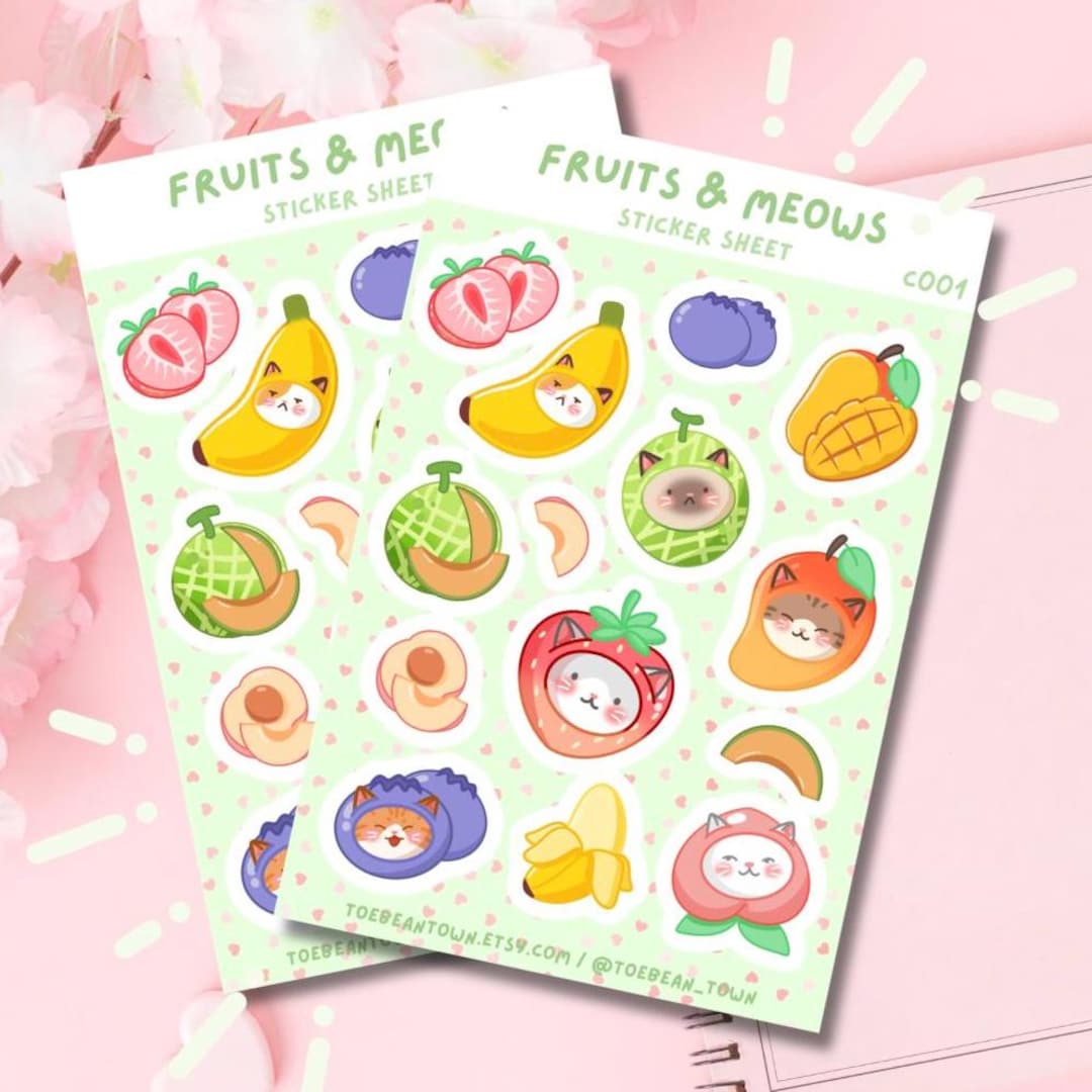 Fruit Cat Sticker Sheet | Glossy Matte Vinyl Planner Journal Stationary ...