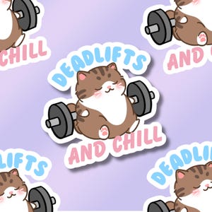 Sticker chat exercice d'entraînement | Soulevés de terre et refroidissement | Autocollants mats holographiques en vinyle pour bouteille d'eau pour ordinateur portable | Cadeau pour amoureux des chats