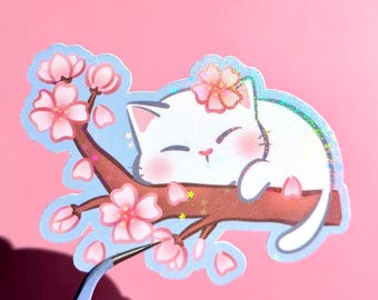 White Cat Cherry Blossom Holographic Sticker | Cute Cat Relaxing on Sakura Tree | Spring Themed Cat Sticker | Gift For Cat Lover