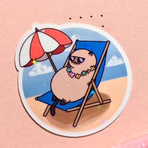 Sticker mignon chat kawaii | Bronzage de chat sur la plage | Sticker mat brillant holographique | cadeau pour amoureux des chats, enfants, enfants