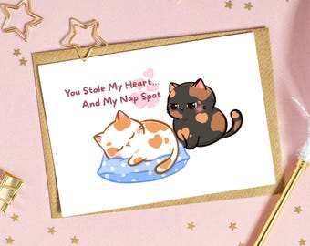 Tarjeta de San Valentín con un gato divertido y un aniversario / Me robaste el corazón y mi rincón para dormir / Tarjeta adorable para amantes de los gatos / Tarjeta con gatos de lunares naranjas y tortuga