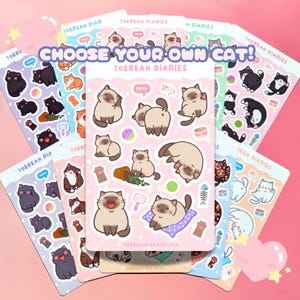 Feuille d'autocollants pour chats Toebean Diaries | Gris/Gris orange/Gingembre Brown Tabby, Noir Blanc/Tuxedo, Noir/Vide, Blanc, Siamois, Écaille, Calico