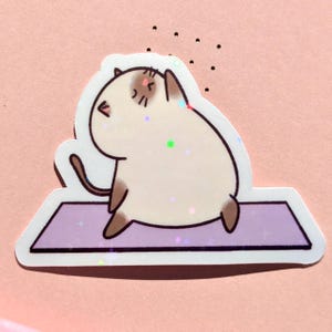 Sticker chat mignon | autocollant drôle de chat | chat faisant du yoga | Sticker holographique brillant | cadeau pour amoureux des chats, enfants, enfants