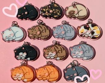 Cute Cat Nap Loaf Acrylic Keychain Charm With Sparkles | Grey/Gray Orange/Ginger Brown Tabby, Tuxedo, Black/Void, Siamese, Tortie, Calico