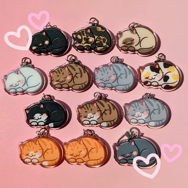 Cute Cat Nap Loaf Acrylic Keychain Charm With Sparkles | Grey/Gray Orange/Ginger Brown Tabby, Tuxedo, Black/Void, Siamese, Tortie, Calico