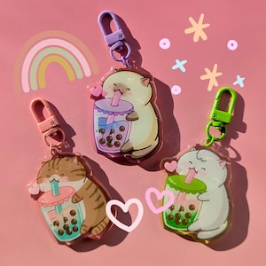 Llavero acrílico con diseño de gato Boba Bubble Tea con destellos, regalo para amantes de los gatos, gato atigrado siamés gris y gris.