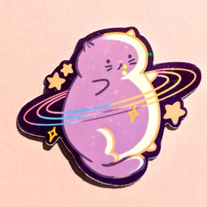 Sticker chat mignon | Sticker gros chat idiot | Sticker planète de l'espace | Autocollant holographique en vinyle | cadeau pour amoureux des chats, enfants, enfants