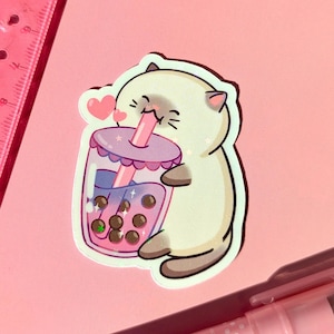Sticker chat mignon | autocollant drôle de chat | Sticker Boba de thé aux bulles | Sticker holographique brillant | Cadeau pour amoureux des chats, enfants, enfants