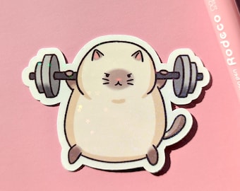 Cute Cat Sticker | Funny Cat Sticker | Fat Cat | Cat Lifting Weights | Holographic Glossy sticker | gift for cat lover, kids, children