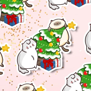 Autocollant mignon de chat de Noël | Animal stupide gras et épais | Sticker holographique pour bouteille d'eau pour ordinateur portable en vinyle brillant | Cadeau de Noël pour amoureux des chats