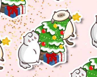 Cute Christmas Cat Sticker | Silly Fat Chonky Animal | Holographic Glossy Vinyl Laptop Waterbottle Sticker | Christmas gift for cat lover