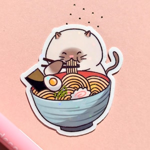 Sticker chat mignon | Gros chat drôle | chat mangeant des nouilles ramen autocollant | Sticker holographique brillant | Cadeau pour amoureux des chats, enfants, enfants