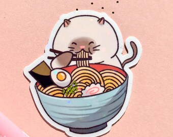 Cute Cat Sticker | Funny Fat Cat | Cat Eating Ramen Noodles Sticker | Holographic Glossy Sticker | Gift for cat lover, kids, children