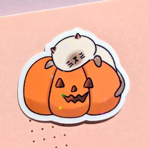 Sticker chat mignon | Sticker citrouille | autocollant Halloween | autocollant drôle de chat | autocollant holographique | Cadeau pour amoureux des chats, enfants, enfants