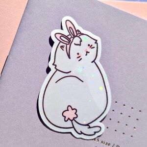 Lustiger Fat Cat Aufkleber | Hase Hasenohren Anzieh | Holographisch glänzend matt Aufkleber | Geschenk für Katzenliebhaber, Kinder, Kinder