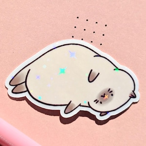 Autocollant drôle mignon de chat | Chat allongé pour se détendre | Sticker mat brillant holographique | cadeau pour amoureux des chats, enfants, enfants
