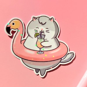 Sticker chat mignon | Autocollant drôle de chat | Découpe | Floatant flamant rose | Sticker holographique brillant | cadeau pour amoureux des chats, enfants, enfants