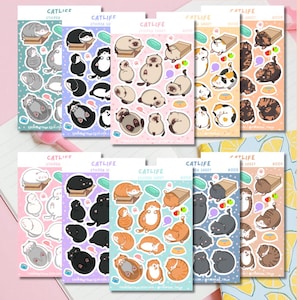 Feuilles d'autocollants pour chats mignons | Stickers chat gris/gris orange/roux tigré, noir blanc/ smoking, noir/void, blanc, siamois, écaille, calicot