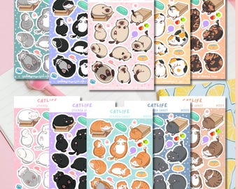 Cute Cat Sticker Sheets | Grey/Gray Orange/Ginger Brown Tabby, Black White/Tuxedo, Black/Void, White, Siamese, Tortie, Calico Cat Stickers