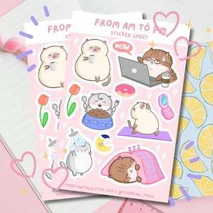 Feuille d'autocollants chat mignon | Stickers pour agenda en vinyle mat brillant | Travail Yoga Manger Douche Chat endormi | Cadeau pour amoureux des chats