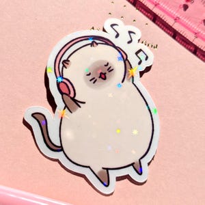 Sticker FunnyCat mignon | Chat chantant écouter de la musique au casque | Sticker holographique brillant | cadeau pour amoureux des chats, enfants, enfants