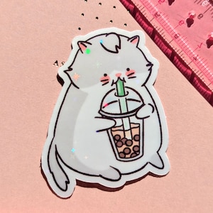 Autocollant drôle mignon de chat | Sticker Boba de thé aux bulles | Sticker holographique brillant | Cadeau pour amoureux des chats, enfants, enfants