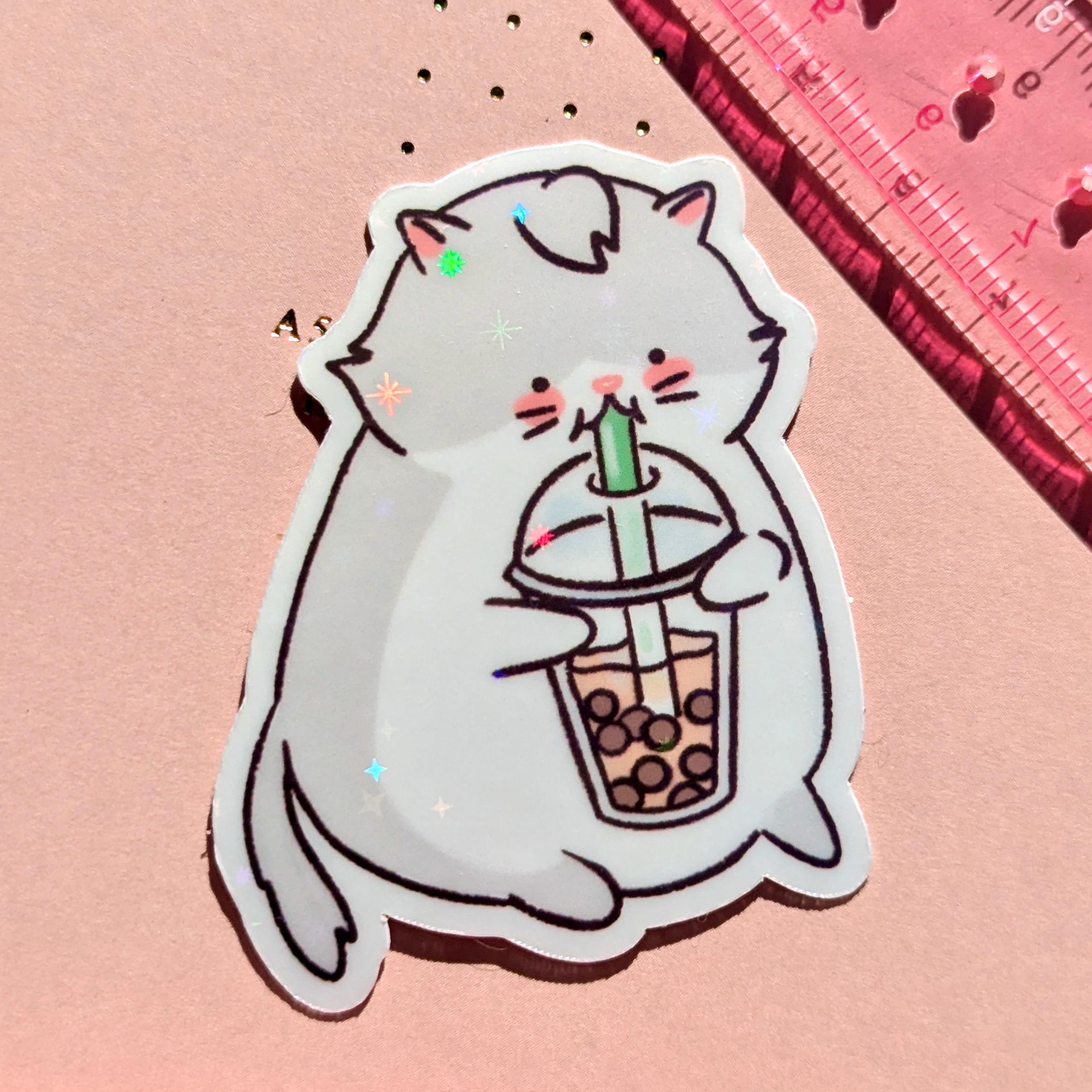 Cute Funny Cat Sticker | Bubble Tea Boba Sticker | Holographic Glossy Sticker | Gift for cat lover, kids, children