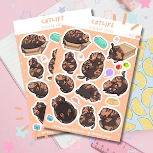 Feuille d'autocollants chat écaille de tortue marron orange | Gros chat idiot drôle mignon | Autocollants en vinyle mat brillant | Cadeau pour amoureux des chats