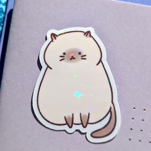 Sticker mignon gros chat idiot | Chat Derpy Assis Debout | Autocollant holographique en vinyle mat brillant | cadeau pour amoureux des chats, enfants, enfants