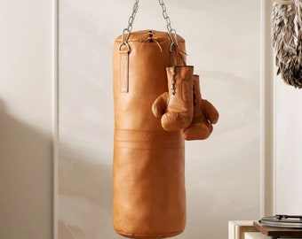 Último saco de boxeo de cuero vintage color canela de lujo, bolsa de boxeo de entrenamiento, bolsa de arena hecha a mano de kickboxing MMA, bolsa pesada de cuero de vaca, regalo de Pascua