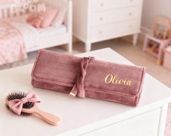 Personalized Kids Jewelry Roll Bag, Custom Girls Jewelry Holder, Velvet Jewelry Organizer Travel Case, Kids Daughter Birthday Christmas Gift