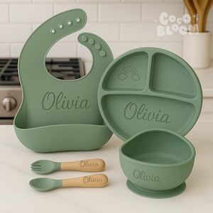 カスタマイズされたベビー離乳食セット、パーソナライズされたシリコン幼児用授乳セット、子供用名前入り授乳セット、ベビープレート、よだれかけ、ボウル、ベビーシャワーギフト