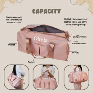 May include: A pink duffel bag with the name "Olivia" printed on the side. The bag has multiple pockets and compartments, with handles and a shoulder strap. The text "CAPACITY" is at the top of the image. The bag is spacious enough for a short trip or weekend travel.