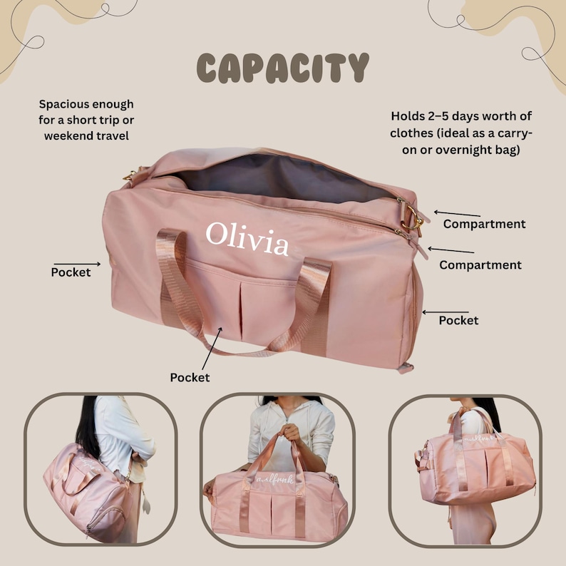 May include: A pink duffel bag with the name "Olivia" printed on the side. The bag has multiple pockets and compartments, with handles and a shoulder strap. The text "CAPACITY" is at the top of the image. The bag is spacious enough for a short trip or weekend travel.