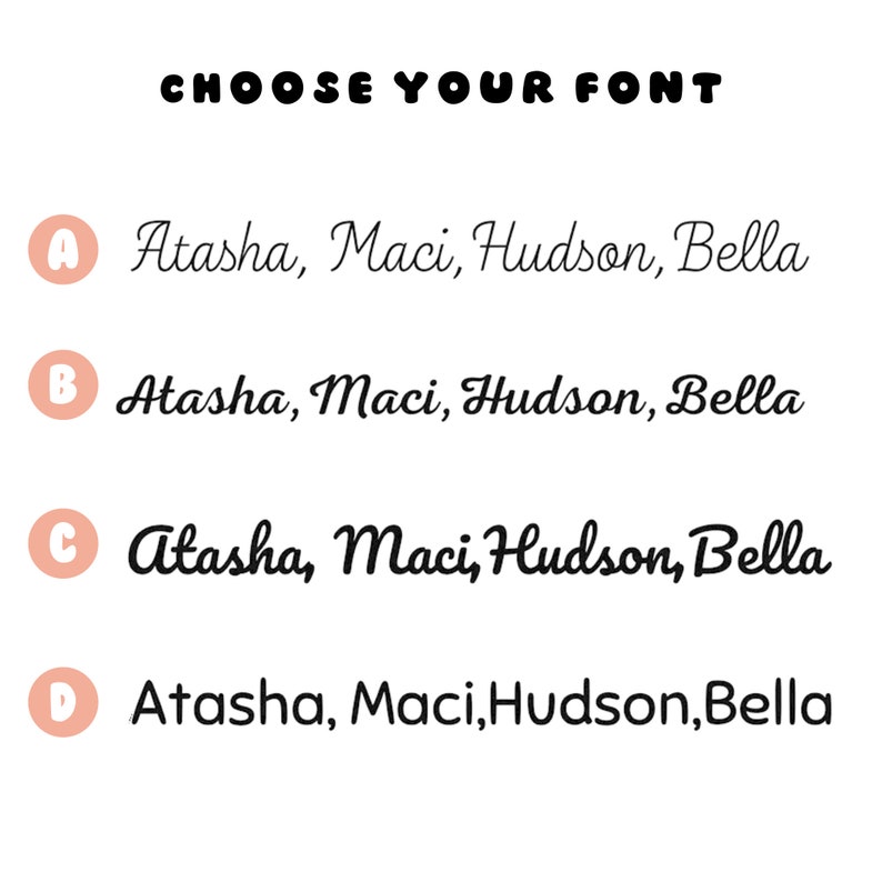 May include: Four font options are displayed with the text "Atasha, Maci, Hudson, Bella" in each font style. The font options are labeled A, B, C, and D.