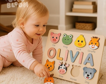 Personalized Kids Wooden Name Puzzle, Custom Baby Name Puzzle Toy, Toddler Animal Puzzle Game, Baby Shower Kids Christmas Birthday Gift
