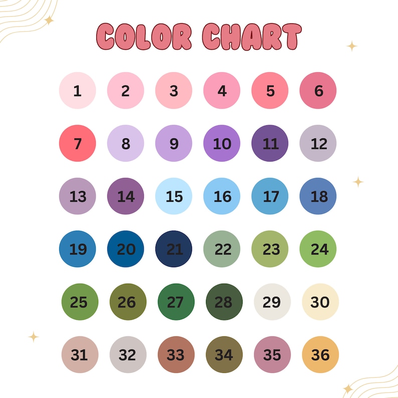 Peut inclure: Nuancier de couleurs avec 36 &eacute;chantillons de couleurs diff&eacute;rents en cercles, num&eacute;rot&eacute;s de 1 &agrave; 36. Les couleurs vont du rose clair au vert fonc&eacute;.