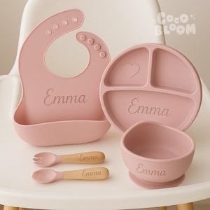 カスタマイズされたベビー離乳食セット、パーソナライズされたシリコン幼児用授乳セット、子供用名前入り授乳セット、ベビープレート、よだれかけ、ボウル、ベビーシャワーギフト