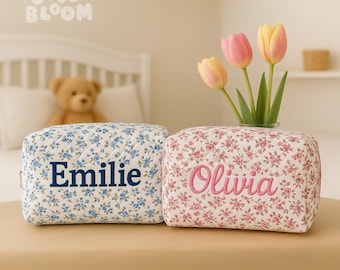 Personalized Kids Storage Bag, Custom Girls Name Makeup Bag, Personalised Floral Cosmetic Travel Bag for Kids, Back to School, Birthday Gift