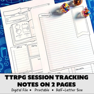 May include: A printable, two-page, half-letter sized TTRPG session tracking sheet. The sheet includes sections for campaign, session, current location, NPCs, party, summary, secrets, and notes.