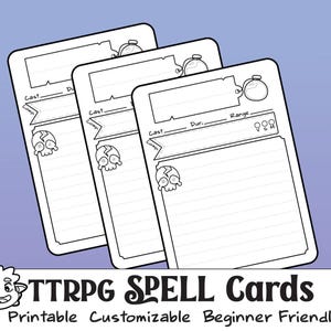 Pode incluir: Três cartas de feitiços TTRPG imprimíveis com fundos brancos e contornos pretos. Cada carta apresenta áreas para detalhes de feitiços, incluindo "Cast", "Dur." e "Range". Uma caveira está presente em cada carta. O texto "TTRPG SPELL Cards" está na parte inferior.